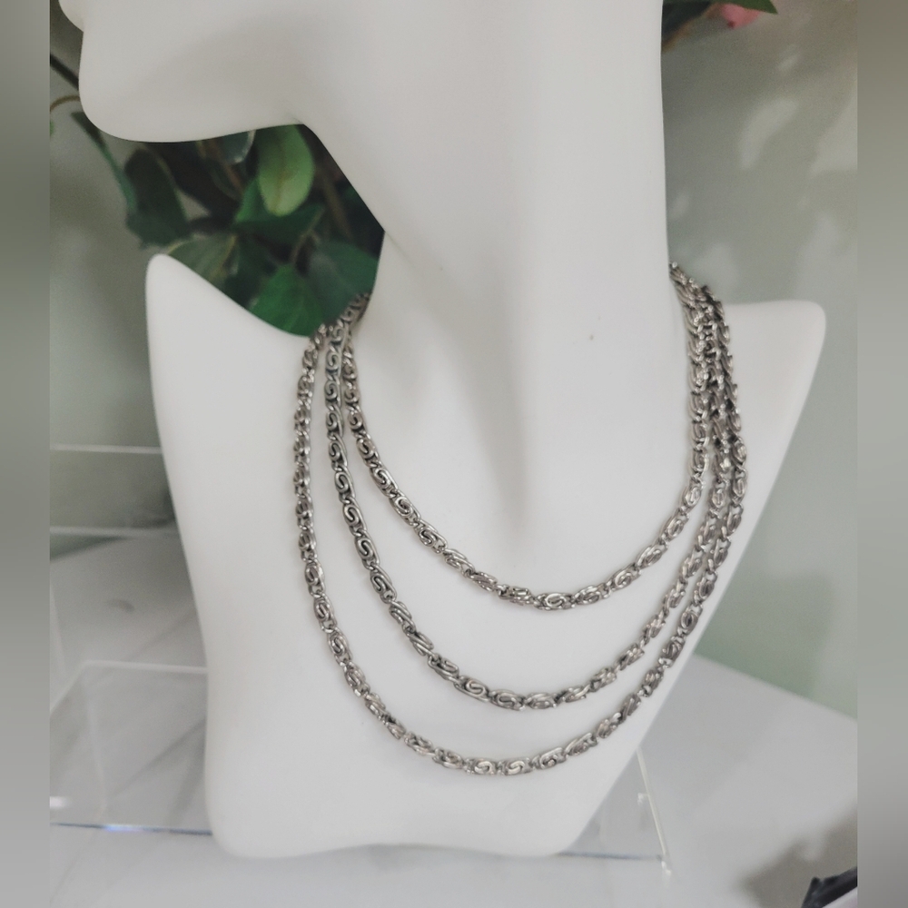 TRUE VINTAGE opera Length silver byzantine necklace Quality costume jewelry